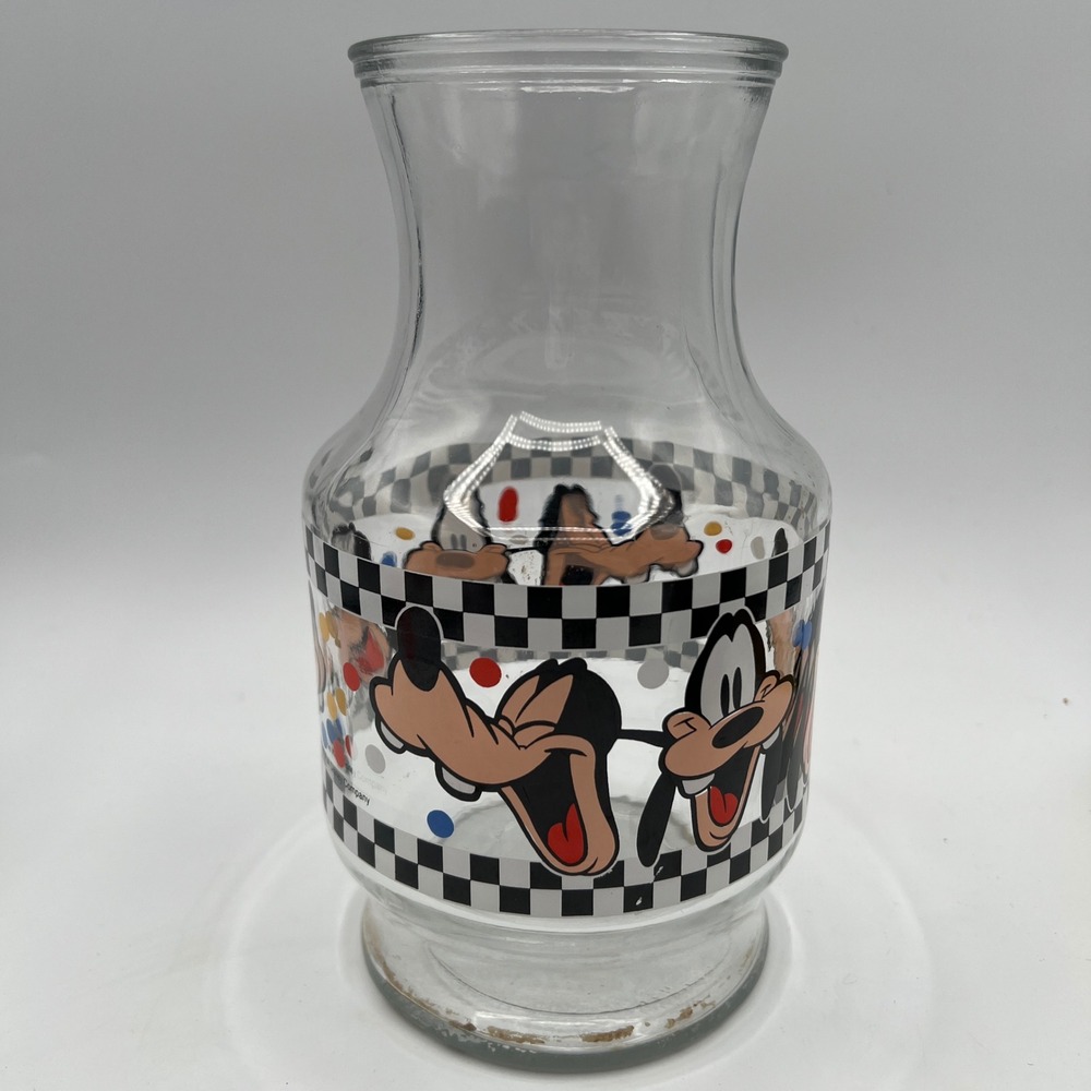 Vintage Disney Goofy Glass Juice Carafe Vase Checkered Polka Dot Clear 8.5"